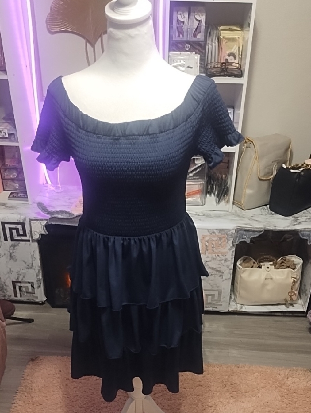 Michael Kors Navy Smocked Off-Shoulder Tiered Midi Dress